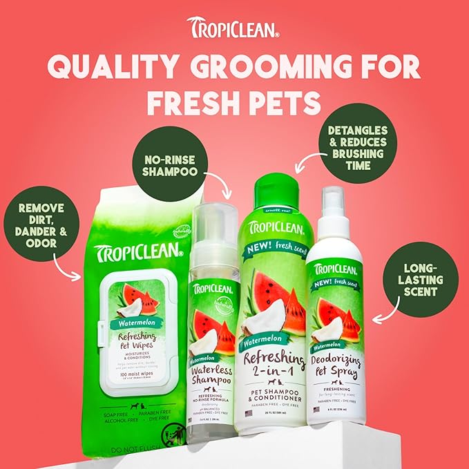 TropiClean Watermelon Dog Wipes for Paws and Bottom | Deep Cleaning Dog Grooming Wipes | Safe for The Face | Cat Friendly | 100 Count