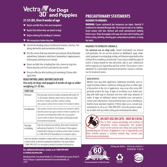 Vectra 3D Flea and Tick Prevention for Dogs, Kills and Repels Fleas, Ticks & Mosquitoes | Fast‑Acting, Waterproof, No Prescription Needed | Medium Dogs 21-55 lbs, 6‑Month Supply