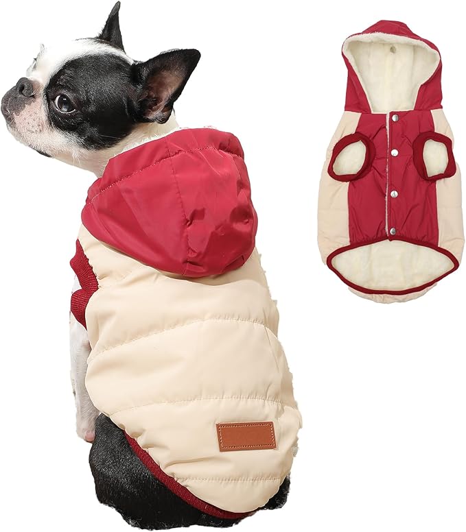 Vecomfy Fleece Lining Extra Warm Dog Hoodie in Winter for Small Dogs Jacket Puppy Coats with Hooded,Beige and Red M