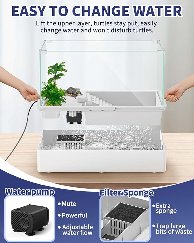 MoonOrange Small Turtle Tank (Tank + Water Pump), Acrylic Turtle Tank Starter Kit with Upgrade Rain Shower Head, Adjustable 5W Water Pump, Higher Fences and Multi-Function Areas. (S)