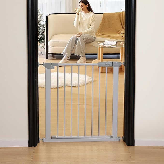 30.47"-32.64" Baby and Pet Safety Gate, 30" Tall Metal Walk-Thru Gate for Doorways & Stairs, Easy One-Hand Open, Dual Lock (White, 29" W x 30.5“H)