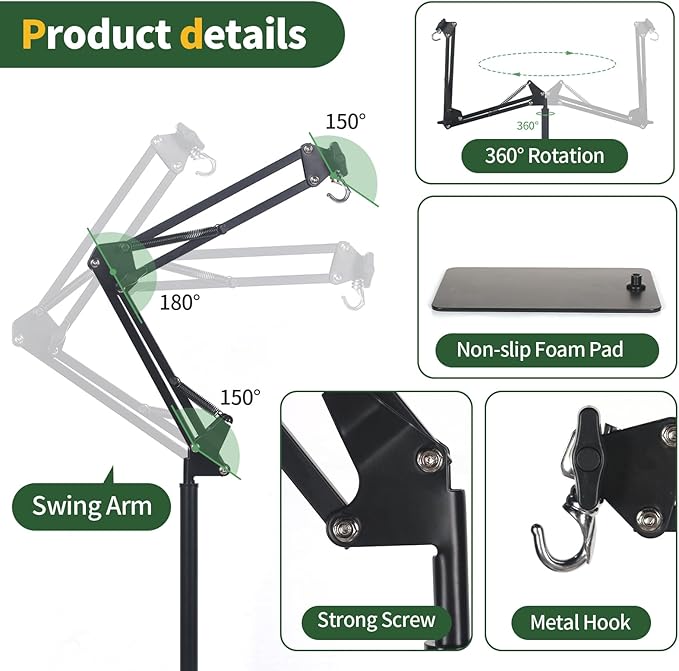 Reptile Lamp Stand, Adjustable Heat Lamp Holder, Floor Light Holder Lamp Hanging Bracket, Black Metal, for Reptile Glass Terrarium Bearded Dragon Turtles Snake and Chicks