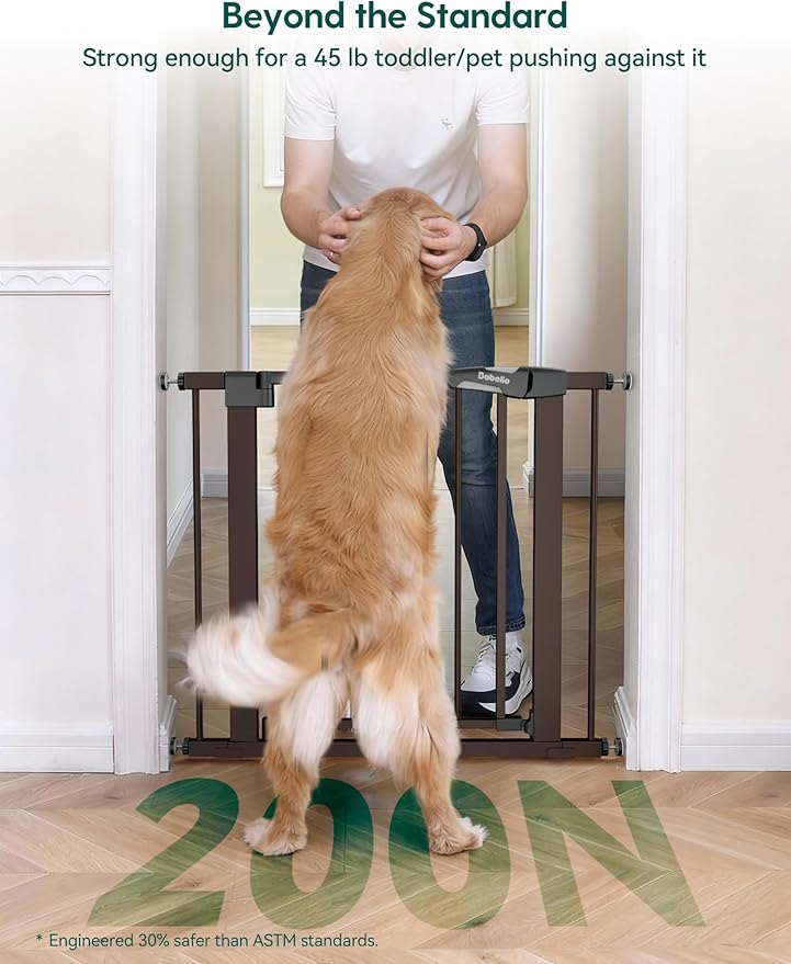 Babelio Metal Baby Gate, PressGuard P7, 29-48" Auto Close Easy Install Pet Gate, Extra Wide Walk Thru Child Safety Gate, Pressure Mounted Dog Gate for Doorways and Stairs, Brown