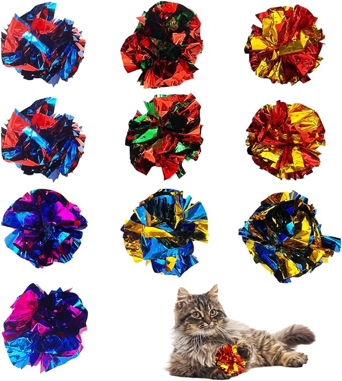 Cat Crinkle Ball Toys 10 Packs for Indoor Cats to Kill Time and Keep Fit, 2.3 Inch Colorful Mylar Crinkle Balls Attract Cats to Swat, Bite, Hunt, Interactive Toys for Cats and Kittens by UnleashingJoyforPetFriends