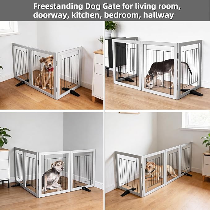 ZJSF Freestanding Dog Gate Indoor, Foldable Dog Fence for Doorways,Hallways or Stairs, Sturdy Wood Extra Wide Pet Gate with Support Feet,Grey,24 "Height-3 Panels