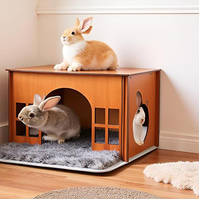 Large Rabbit Hideouts, Wooden Bunny House Rabbit Houses and Hideouts Habitat Castle for Indoor Bunnies, Guinea Pigs, Hamsters, Chinchillas