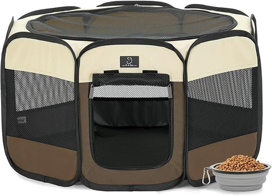 Dog Playpen for Small Dogs & Puppies, 29.92" Portable Indoor Outdoor Puppy Playpen with Bowl, Waterproof Floor, Foldable Pop-Up Pet Pen for Home, Travel & Daily Use, Brown+Beige