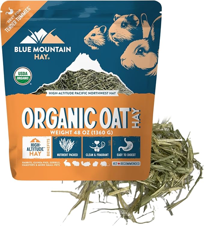 Blue Mountain Hay Fresh Organic Oat Hay (48 oz) from High Altitude Animal Farm for Digestive Health and Dental Care, USDA Organic GMO-Free Antibiotic-Free Chemical-Free Fresh Pet Nutrition
