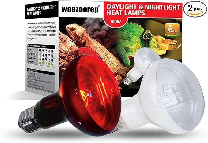 Reptile Heat Lamp Bulbs 100W 2 Pack,Day and Night Infrared Basking Spot Heating Light Combo,UVA Heat Lamp Bulb for Reptile and Amphibians,Bearded Dragon, Lizard, Turtle