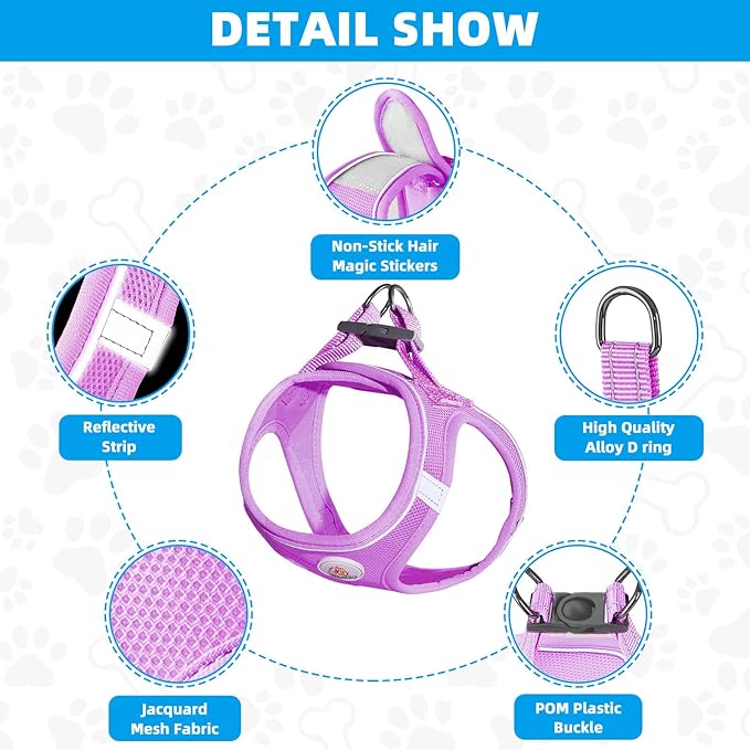 Hipubby Dog Harness and Leash Set, No Pull Soft Mesh Puppy Harness for Small Medium Dogs, Cats - Step in Reflective Breathable Lightweight Vest Harness for Walking, Training - Purple, M