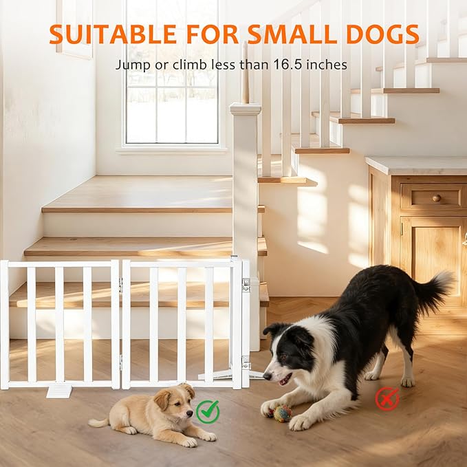 Snagle Paw Short Dog Gate,16.5" Tall Freestanding Metal Dog Gate Only for Small Dogs with Support Feet Easily Step Over,Up to 36" Wide Puppy Gate Indoor for Stairs,Doorways(White,3 Panel)