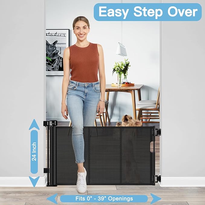 Short Dog Gate 0"-39" Wide Narrow Baby Gate 24” Tall Retractable Short Pet Gate to Step Over Short Baby Gate for Doorway, Low Pet Gate Indoor Doggie Gates Mesh Puppy Gate for Stairs, Black