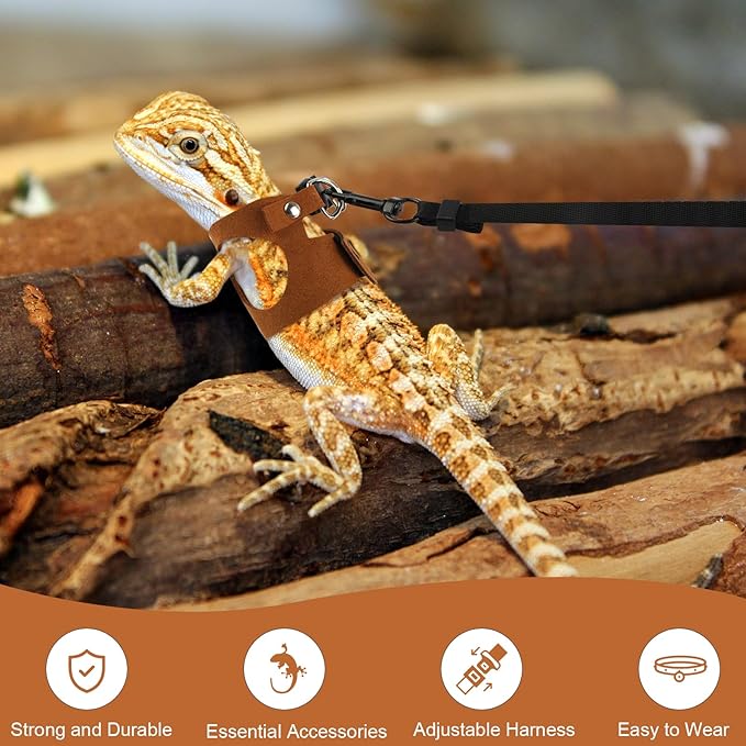 5 Pack Bearded Dragon Leash and Harness Set, Adjustable Soft Leather Lizard Leash with 3 Sizes for Small Animals, Reptile Walking Training Vest for Ferret, Hamster, Chameleon, Brown