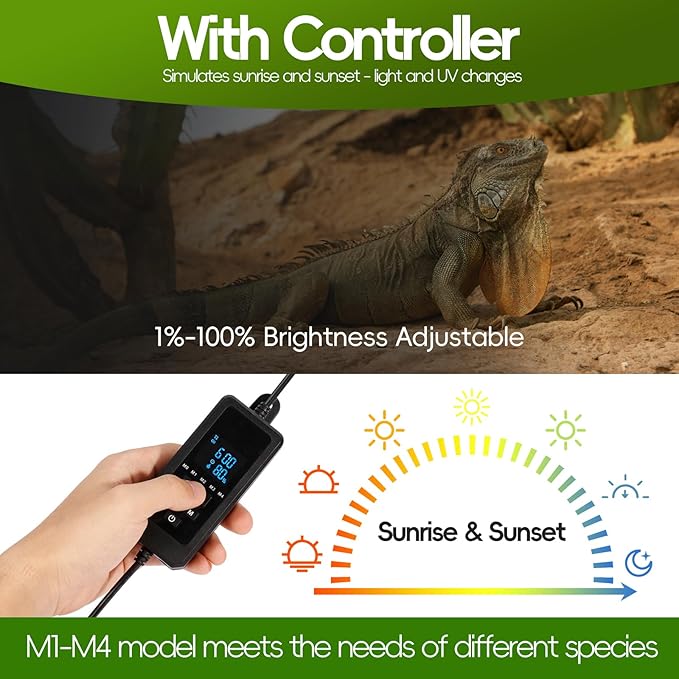 16-INCH LED UVB Light for Reptiles, LED Reptile Light Fixture Controller with Dimming and 4 UVI Modes, 15W Aluminum UVA UVB Lamp for Turtles, Snakes, and Bearded Dragons, 6500K