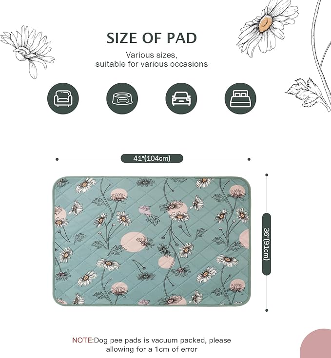 IEUUMLER Washable Pee Pads for Dogs, 2 Pack Non-Slip & Waterproof Pack Whelping Pad, Reusable Washable Puppy Potty Training Pad with Fast Absorbent for Playpen EU007 (Green Daisy, 36"X41"-2pcs)