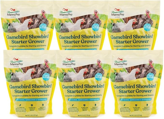 Manna Pro Gamebird Showbird Crumbles, Vitamin and Mineral Supplement for Poultry, Supports Growth, Feathering, and Overall Health, Complete Nutrition for Game and Show Birds, 6-Pack of 5 lb Bags