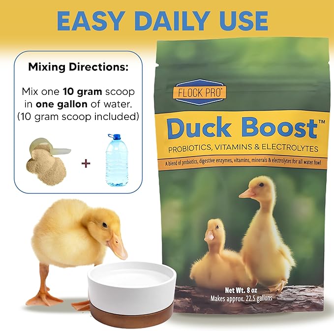 Flock Pro's Duck Boost Essential Waterfowl Supplement with Probiotics, Brewers Yeast Powder & Organic Oregano - 8 oz (22.5 Gal)