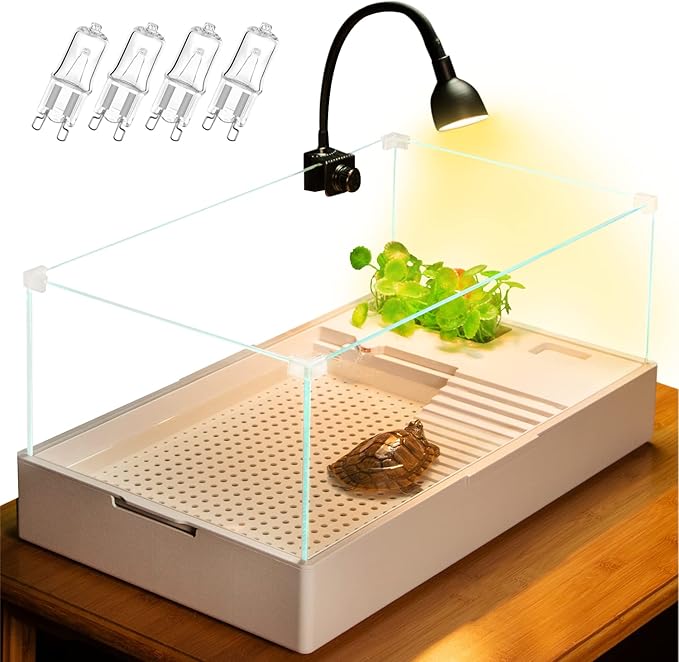 Glass Turtle Tank Tortoise Habitat Halogen (4 Bulbs Spare) UVB Heat Light Filter Pump Bio Sponge Accessories Basking Platform for Aquatic Turtles Aquarium kit Reptile Tank for Reptile Terrariums(XL)