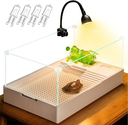 Glass Turtle Tank Tortoise Habitat Halogen (4 Bulbs Spare) UVB Heat Light Filter Pump Bio Sponge Accessories Basking Platform for Aquatic Turtles Aquarium kit Reptile Tank for Reptile Terrariums(XL)