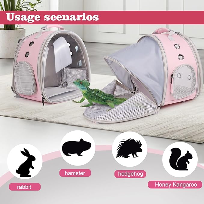 WEVONIGU Expandable Small Animal Backpack Carrier with Clear Bubble Window Large Space Travel Cage for Hedgehog Rat Parrot,Bearded Dragon,Sugar Glider,Airline Approved (Pink, BE Backpack)