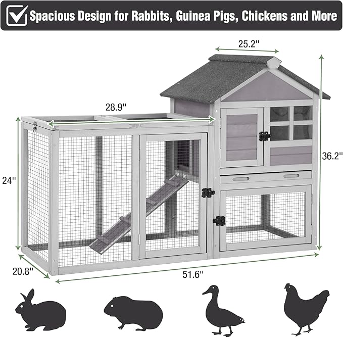 Large Rabbit Hutch Outdoor Indoor, Bunny Cage with 4 Access Areas & Pull-Out Leak-Proof Trays, Waterproof Roof Wooden Bunny Hutch for 1-2 Rabbits, Guinea Pigs, Chickens