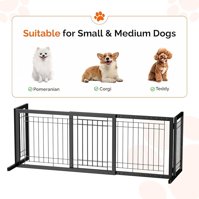 Bonnlo Free Standing Dog Gate, 37" - 68" Wide Pet Gate for Fireplace Stairs Doorways, Metal Adjustable Pet Fence Indoor, Christmas Tree Gate (Metal-Black)