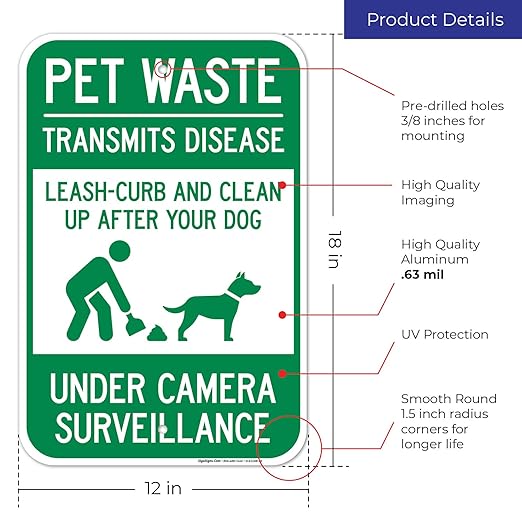 Pet Waste Leash-Curb and Clean Up After Your Dog Under Camera Surveillance Sign, (SI-63188) 12x18 Inches, Rust Free .063 Aluminum, Fade Resistant, Made in USA