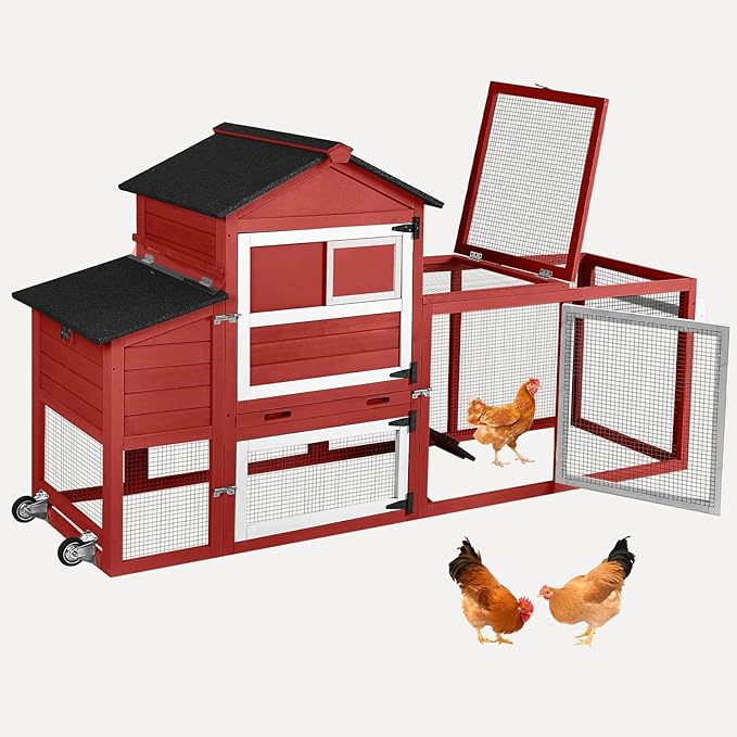 Chicken Coop Outdoor Mobile Chicken House, Expandable Hen House with Wheels, Nesting Box, Leakproof Pull-on Tray and UV-Resistant Roof Panel (Red)
