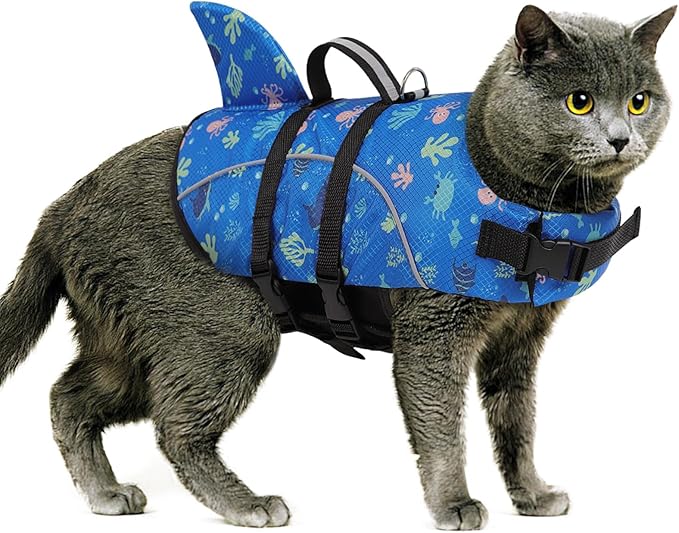 Queenmore Cat Shark Life Jacket, Extra Small Dog Life Vest for Swimming, XXS Dog Vest for Boating, Puppy Swim Jacket for Tiny Dogs and Cats, DogFloat in Water with Handle/Leash Hook