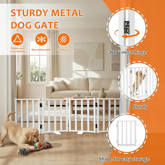 Snagle Paw Short Dog Gate,16.5" Tall Freestanding Metal Dog Gate Only for Small Dogs with Support Feet Easily Step Over,Up to 48" Wide Puppy Gate Indoor for Stairs,Doorways(White,4 Panel)