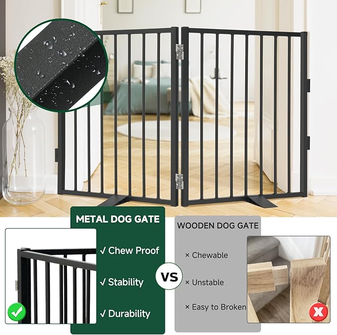 Snagle Paw Full Metal Freestanding Dog Gate,Indoor Pet Gate with Floor Protect Support Feet, 40x32Inches Foldable Dog Fence for Stairs, Hallways and Doorways (32'' H 2 Panel, Black