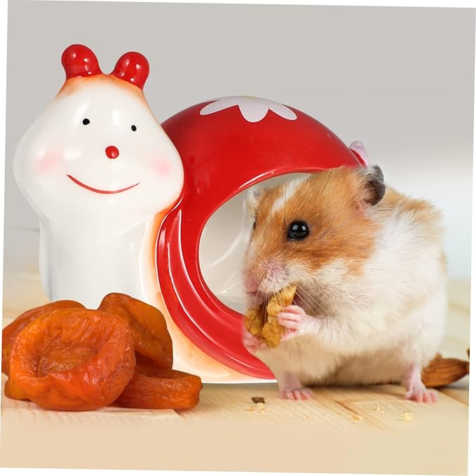 DOITOOL Ceramic Hamster Hideout, Adorable Cartoon Snail Shape Hamster House Cave, Chinchilla Hideout Small Animal Hideout Hut Cave Cage Accessories (Red and White)