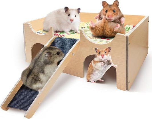 Wooden Hamster House Hideout, Natural Wood Small Animal Hut with Stairs, Cute Hamster Cage Accessories Habitat for Hamsters, Guinea Pigs, Chinchillas, Gerbils, Rabbits, and Other Small Pets