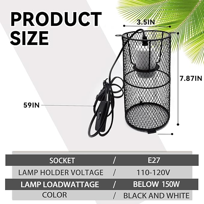 Reptile Heat Lamp Guard Ceramic Heat Emitter Basking Heater Lamp Reptile Accessories for Turtle Snakes Lizards Frogs Chicks with Power Switch & Anti-Biting Hanging Hook Design Round Without Bulb 150w