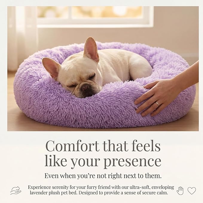 Calming Dog Bed for Medium Dogs Washable Donut 30 inches Anti-Slip Pet Bed,Round Fluffy Plush Faux Fur Cat Bed,Fits up to 45 lbs Pets,Purple