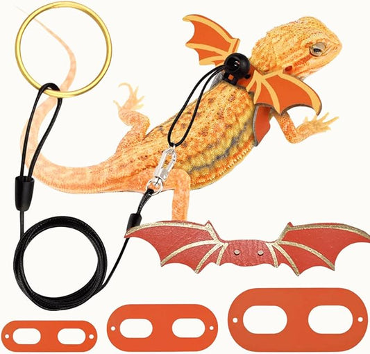 3 Size Pack Bearded Dragon Leashes and Harnesses, Bearded Dragon Harness, Soft Leather Detachable Adjustable Reptile Lizard Wing Leash (Orange)