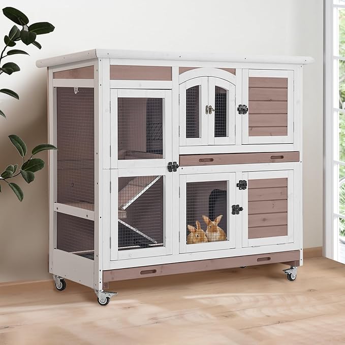 Gutinneen Two-Story Rabbit Hutch with Chew-Proof Ramp - 47" Indoor/Outdoor Rabbit Cage with Wheels & Leak-Resistant Trays for Rabbits, Guinea Pigs(Brown)
