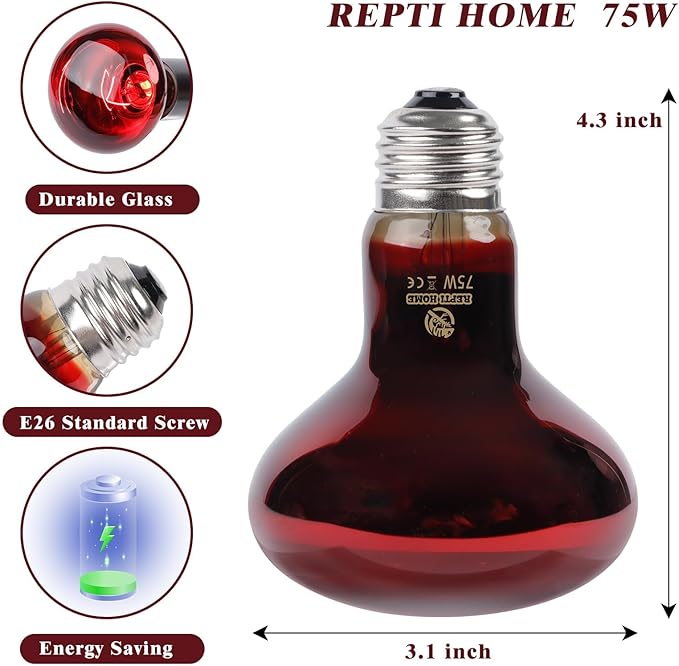 Reptile Heat Lamp,75W Red Basking Spot Lamp Bulb for Chickens Amphibians, Infrared Heat Emitter Light for Coop