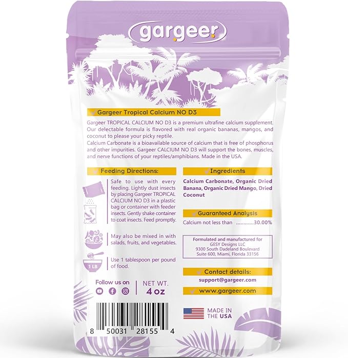 Gargeer 4oz Gecko Calcium without Vitamin D3, Phosphorus-free, Ultrafine Powder. Ready to Use Supplement for Geckos & Fruit-Eating Reptiles. Flavored with Real Organic Tropical Fruits. Made in the USA