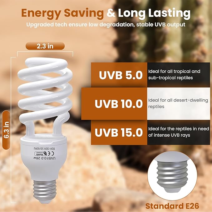 UVA UVB Reptile Light 10.0, 26W Desert UVB Compact Fluorescent Terrarium Lamp, UVB Light for Reptiles, UVB UVA Light Bulb for Reptiles Bearded Dragons Lizards Tortoises Snakes