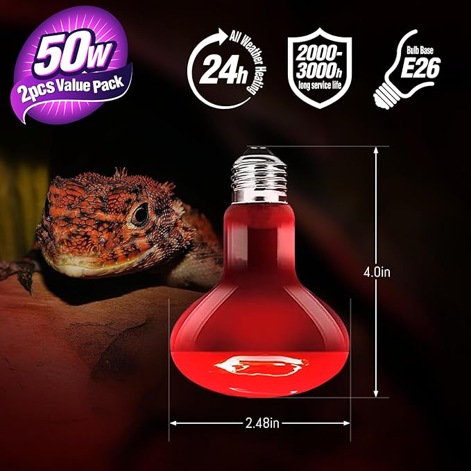 Leoterra 50w Reptile Night Heat Bulb Red Infrared Night Heat Lamp 10-20 Gallon Terrarium Use Thickened Glass (2-Pack) for Geckos, Frogs, Small Snakes,Bearded Dargon Night Use 2000+ Hours Service Life