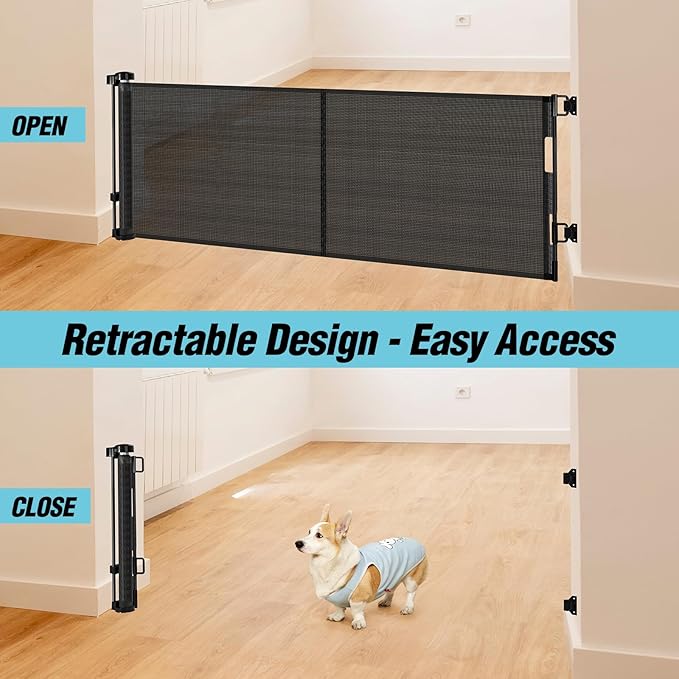 24 Inches Tall Retractable Baby Gates for Doorways, Short Dog Gates to Step Over, Extends up to 55" Wide, Reinforced Mesh Baby Gate for Kids or Pets, Doggie Gates Puppy Gates for The House (Black)