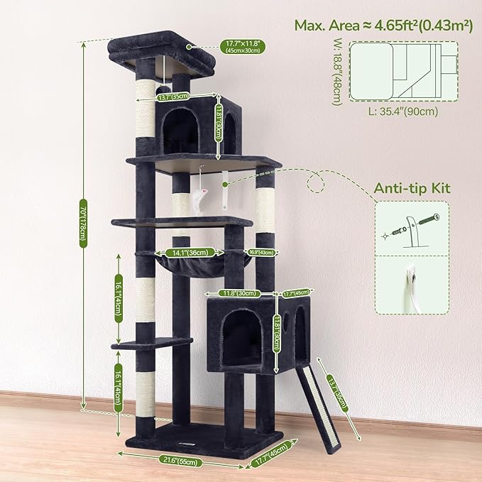 Globlazer Heavy Duty Cat Tree, 70 inch Sturdy Cat Tree for Indoor Cats Extra Large Cat Tower with Scratching Post, Hammock, Cat Condo for Adult Cats Kittens, F70 Pro, Dark Grey - Image 6
