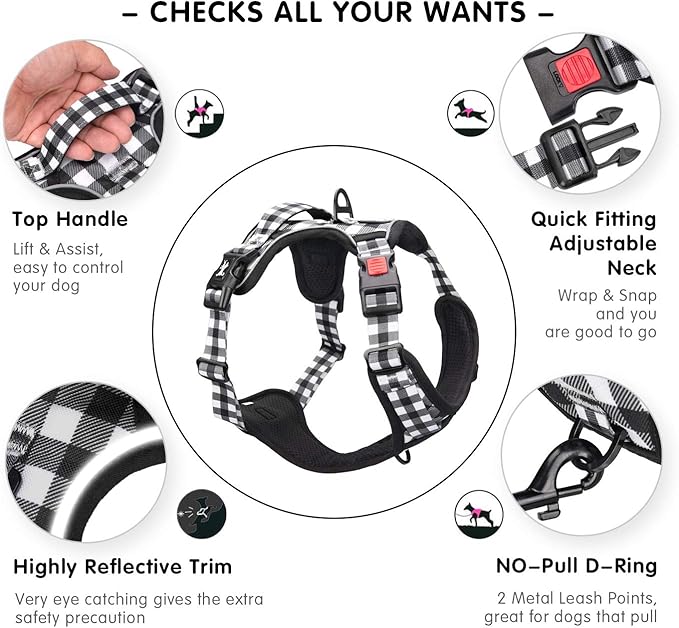 PoyPet No Pull Dog Harness, [Neck Release] Reflective Adjustable No Choke Pet Vest with Front & Back 2 Leash Attachments, Soft Control Training Handle for Small Dogs(Grid,S)