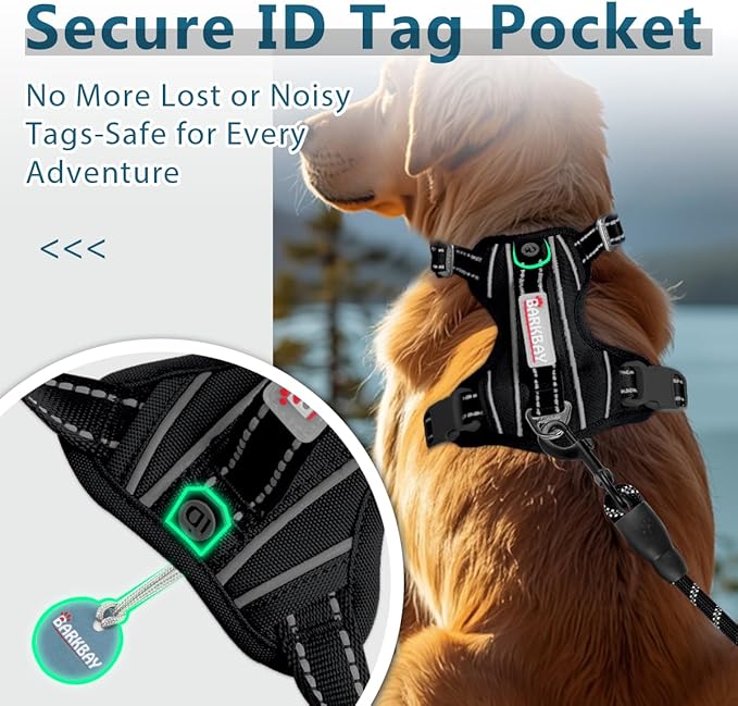 BARKBAY Dog Harness No Pull Oxford with ID Tag Pocket - Heavy Duty, Reflective, Easy Control for Large Dogs(Black Oxford,L)