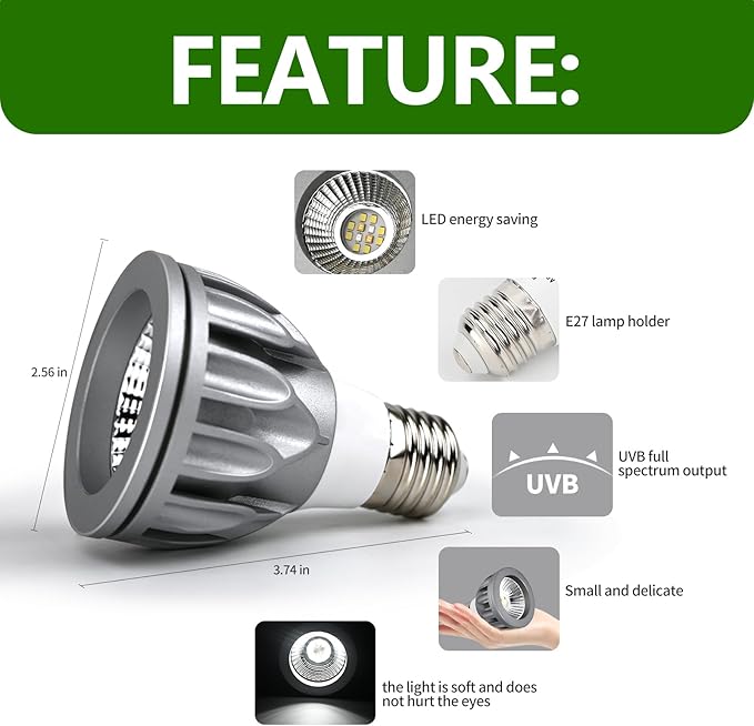 UVB Bulbs for Reptiles LED Light 8W 5.0 Full Spectrum UVB Light for Bearded Dragon,Turtle,Tortoise,Lizard,Gecko,Chameleon,Snake,Frog Tank