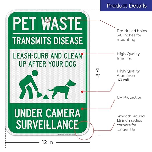 Pet Waste Leash-Curb and Clean Up After Your Dog Under Camera Surveillance Sign, (SI-63188) 12x18 Inches, 3M EGP Reflective .063 Aluminum, Fade Resistant, Made in USA