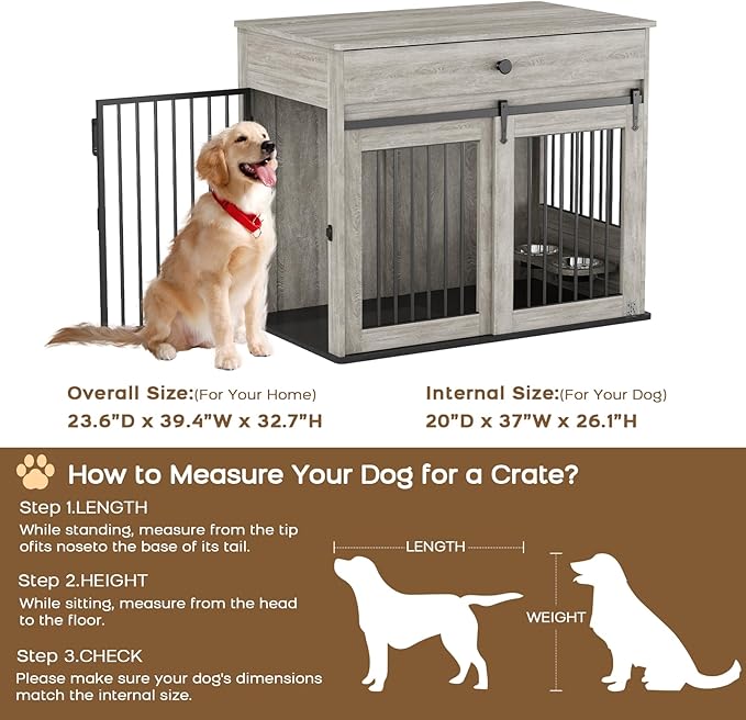 Large Dog Crate Furniture with Sliding Door & 360° Spinning Bowls | Durable Modern End Table for Medium & Large Dogs for Pet Owners (40-inch)