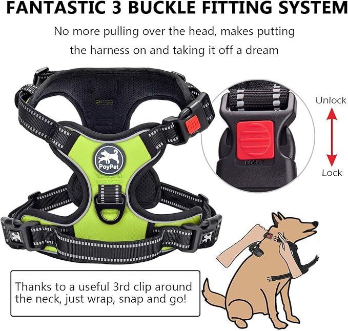 PoyPet Dog Harness No Pull, Reflective Adjustable No Choke Pet Vest with Front & Back Clips, Soft Padded and Control Training Handle for Large Dogs (Green, XL)