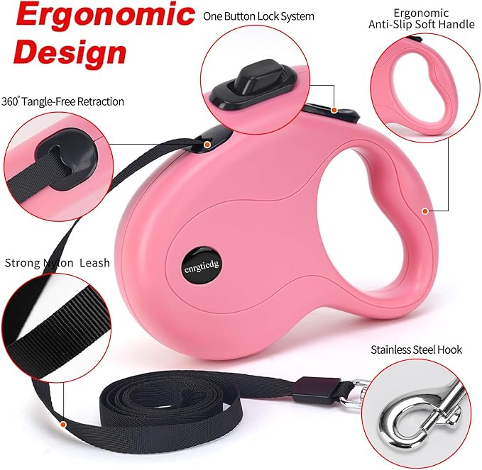 enrgticdg 16Ft Retractable Dog Leash,Light Weight Leash for Small to Medium Dogs/Cats Up to 50lbs,Stainless Steel Spring Strong Nylon Tape, Tangle Free, One-Handed Brake.(Pink)